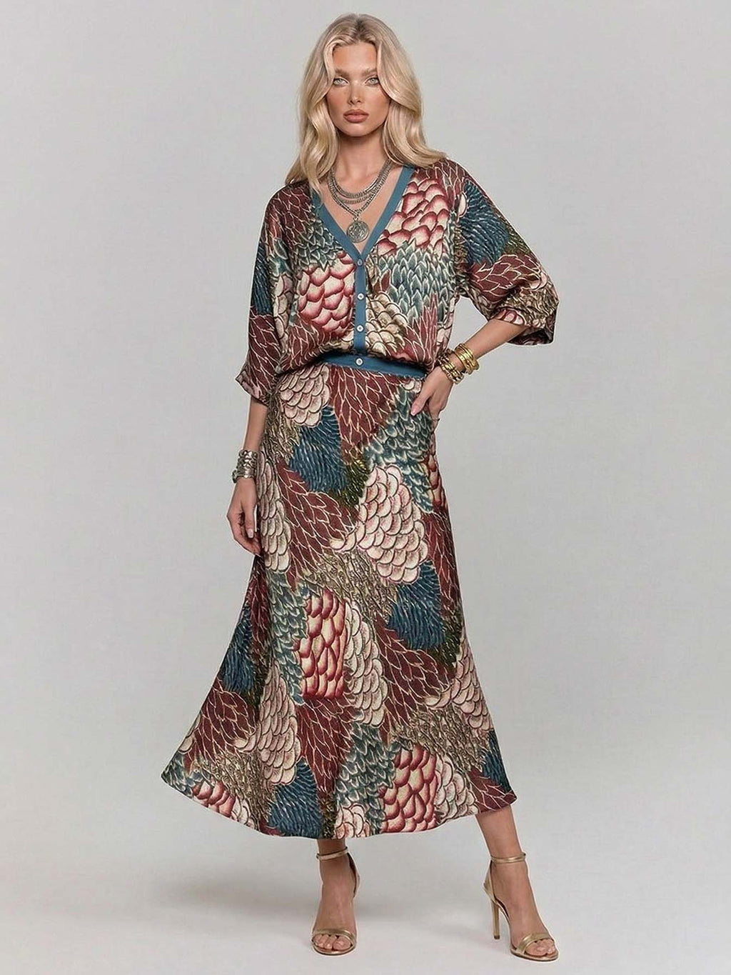 Retro Scale Print Satin Printed Skirt