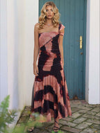 Elegant One-Shoulder Ruched Tie-Dye Chiffon Maxi Dress