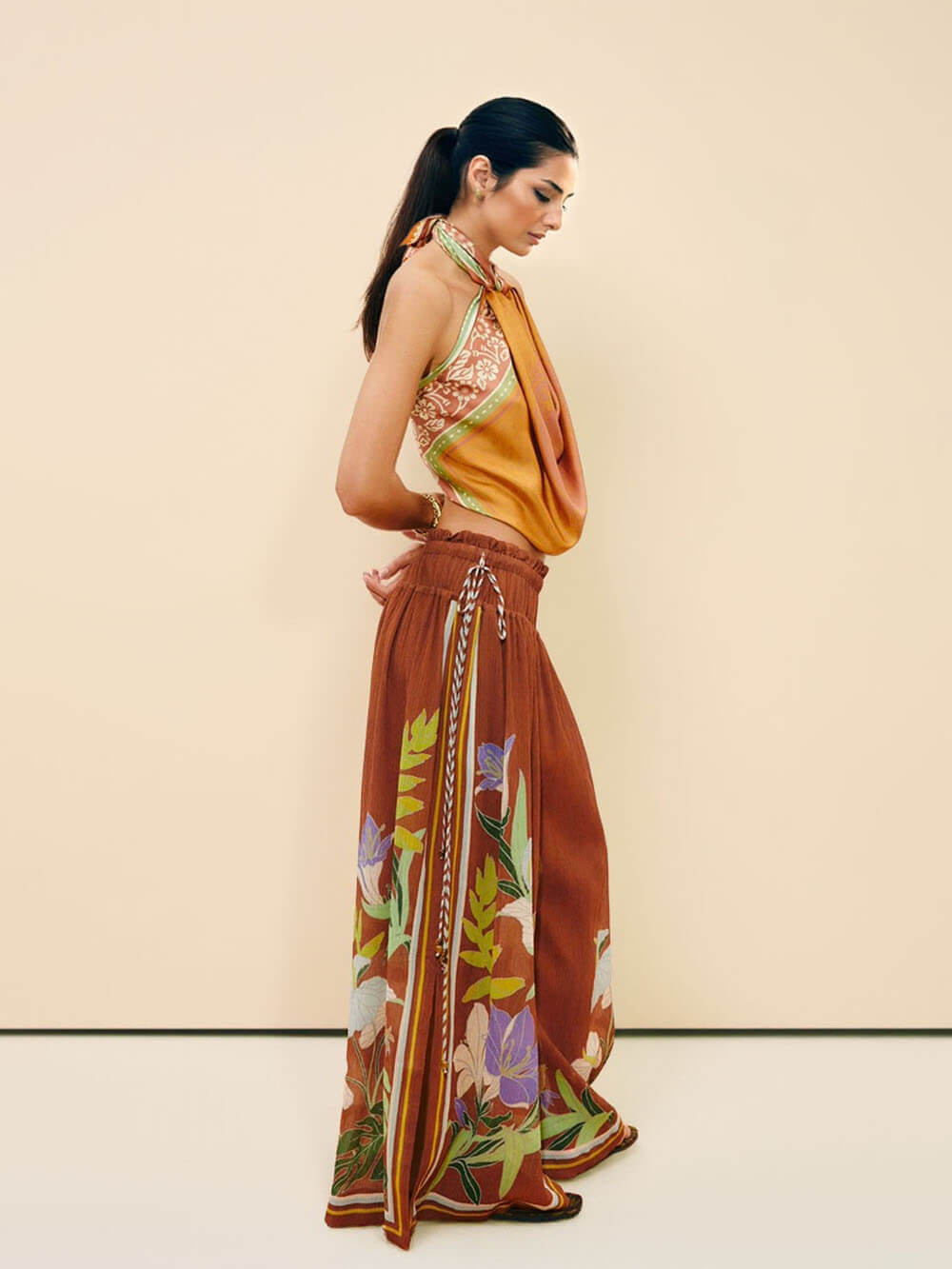 Delicate Ruffle Printed Drawstring Slit Wide-Leg Pants
