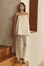 Elegant Off-Shoulder Strap A-Line Top Sheer Sequin Lace High-Waist Maxi Skirt Set