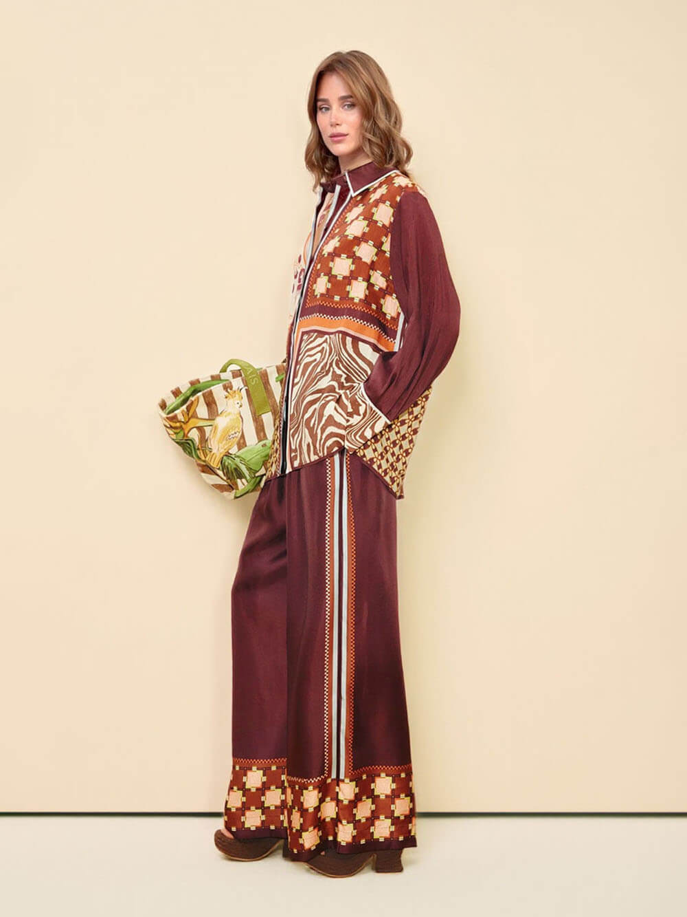 Unique Paisley Color-Block Satin Elastic Waist Wide-Leg Pants