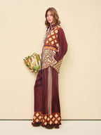 Unique Paisley Color-Block Satin Elastic Waist Wide-Leg Pants