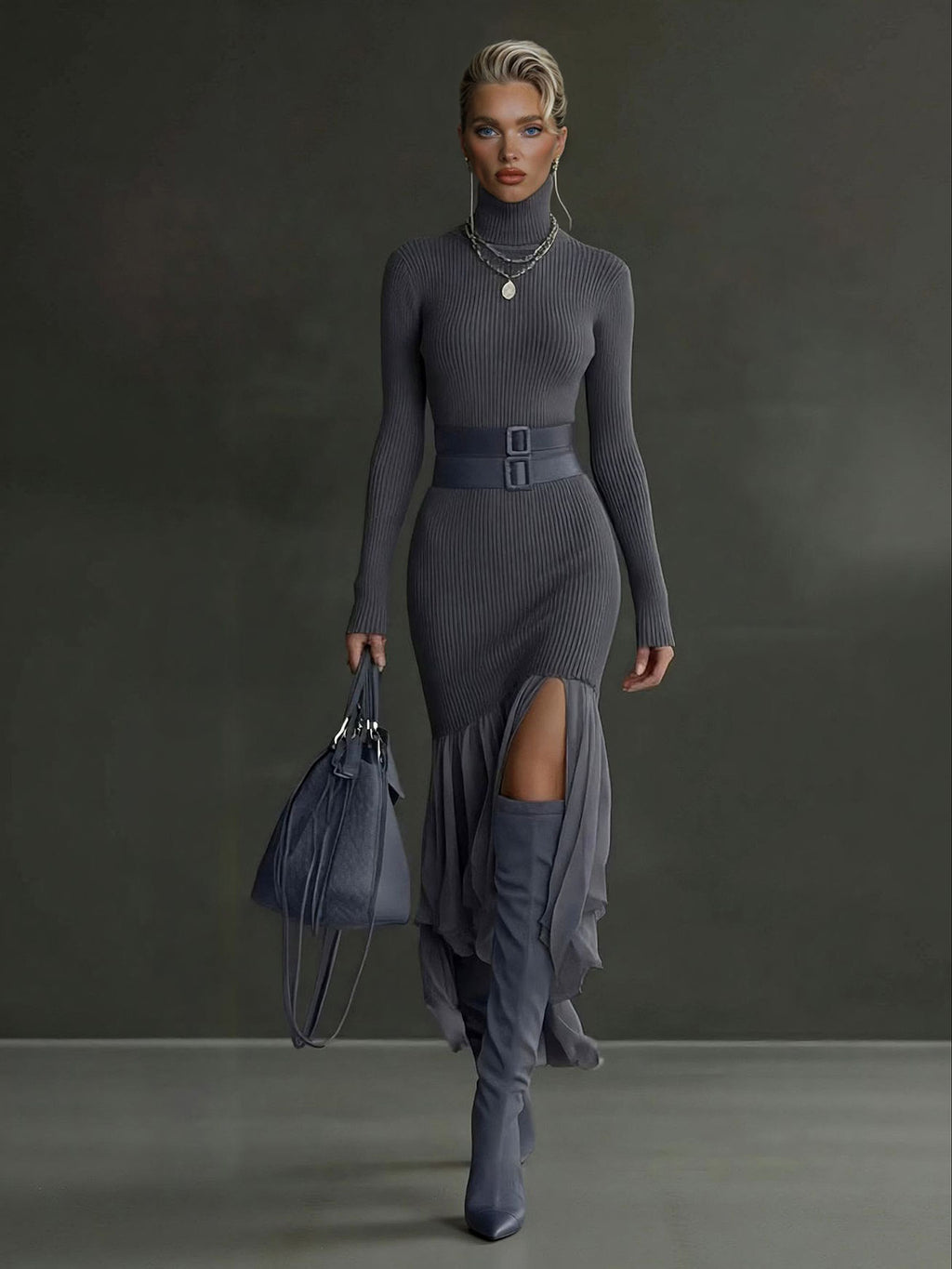 Elegant Gray Asymmetrical Ruffled Knit Midi Dress