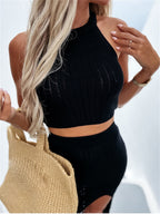 Fashion Black Sleeveless Crop Top And Slit Bodycon Skirt Set