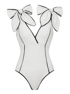 Sexy Black And White Colorblock Bow One-Piece Swimsuit