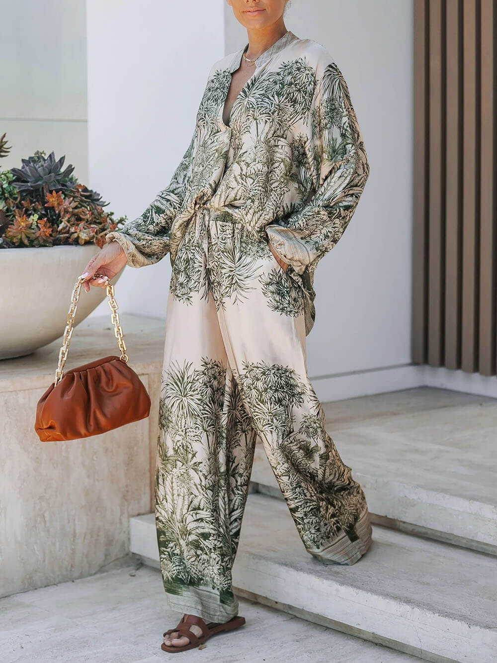 Casual Palm Leaf Print Loose Shirt And Wide-Leg Pants Set