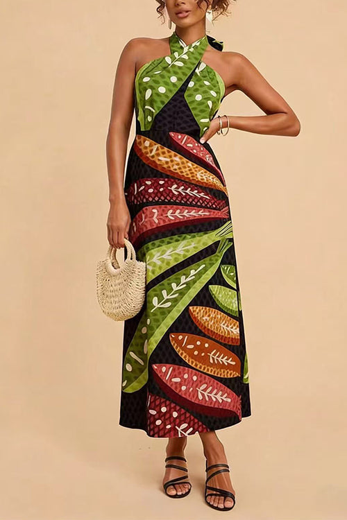 Tropical Leaf Print Halter Neck Midi Dress Women Sleeveless Wrap Summer Maxi Dress