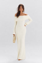 Texture Tweed Off-shoulder Long Dress