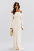 Texture Tweed Off-shoulder Long Dress