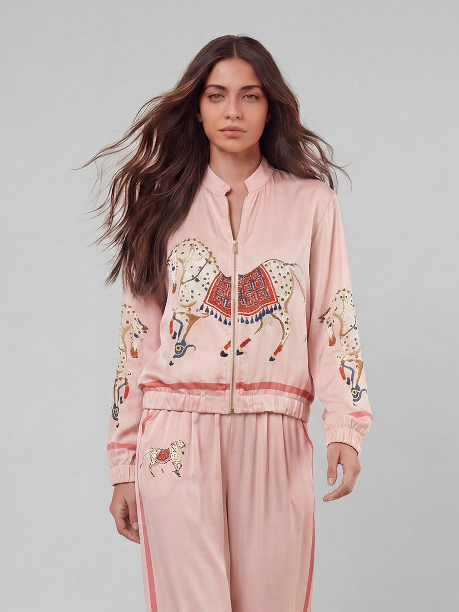 Exquisite Satin Horse Print Zip Jacket & Wide-Leg Pants Two-Piece Set