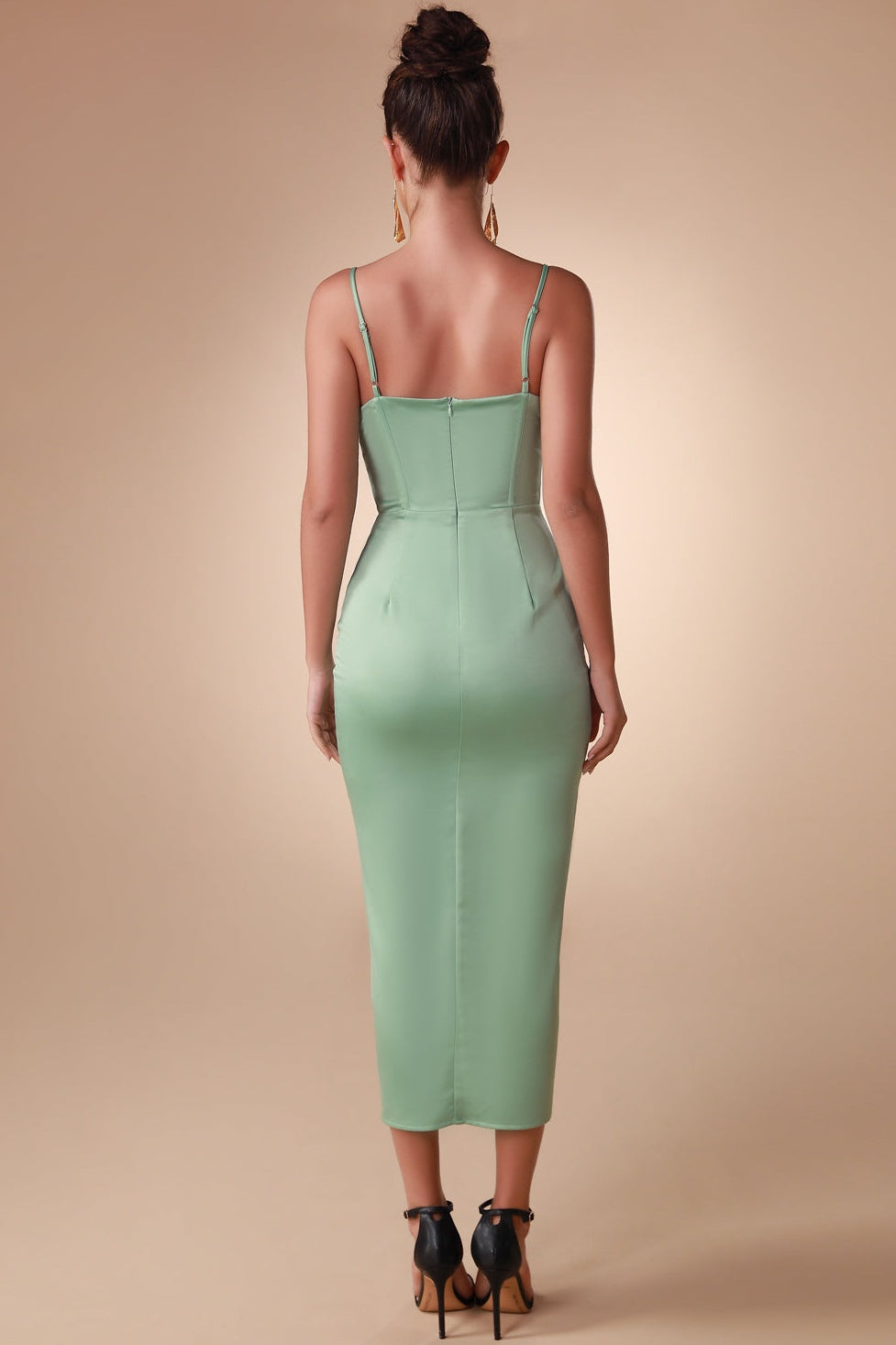 Satin Corset Shirring Split Midi Dress