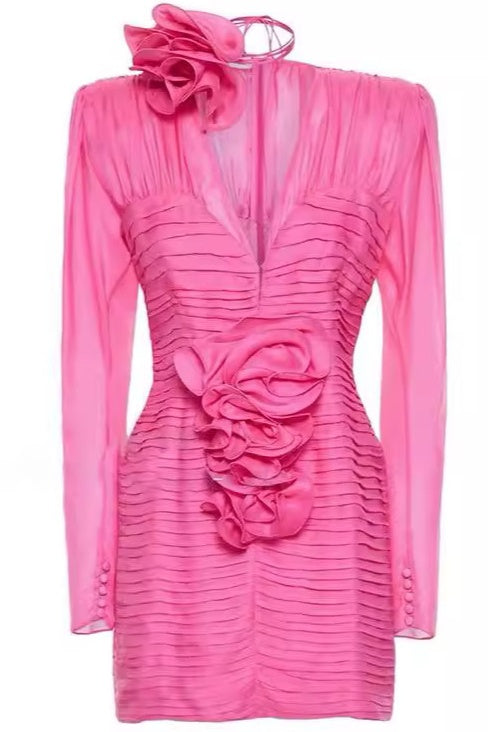 3D Floral Long Sleeves V-Neck Mini Dress