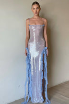 Sequin Backless Frill Split Maxi Dress