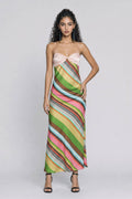 Pink Satin Twisted Thin Strap Colorful Slant Striped Satin Slim-Fit Midi Dress