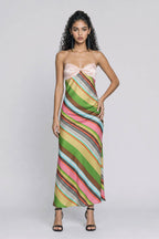 Pink Satin Twisted Thin Strap Colorful Slant Striped Satin Slim-Fit Midi Dress
