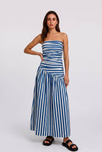 Blue And White Striped Strapless Pleated Asymmetrical Stitching Long Dress