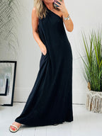 Loose One-Shoulder Sleeve Pleated Pocket Dress