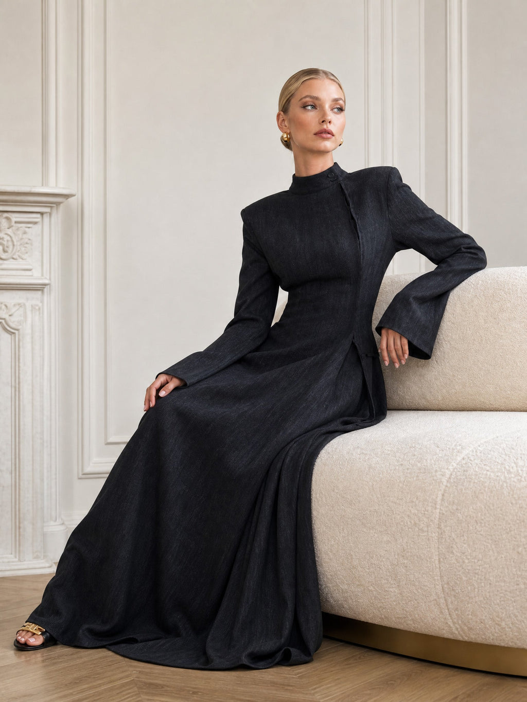 Architectural High-Neck Long Sleeve Maxi Dress With Puffed Shoulders & Flared Cuffs