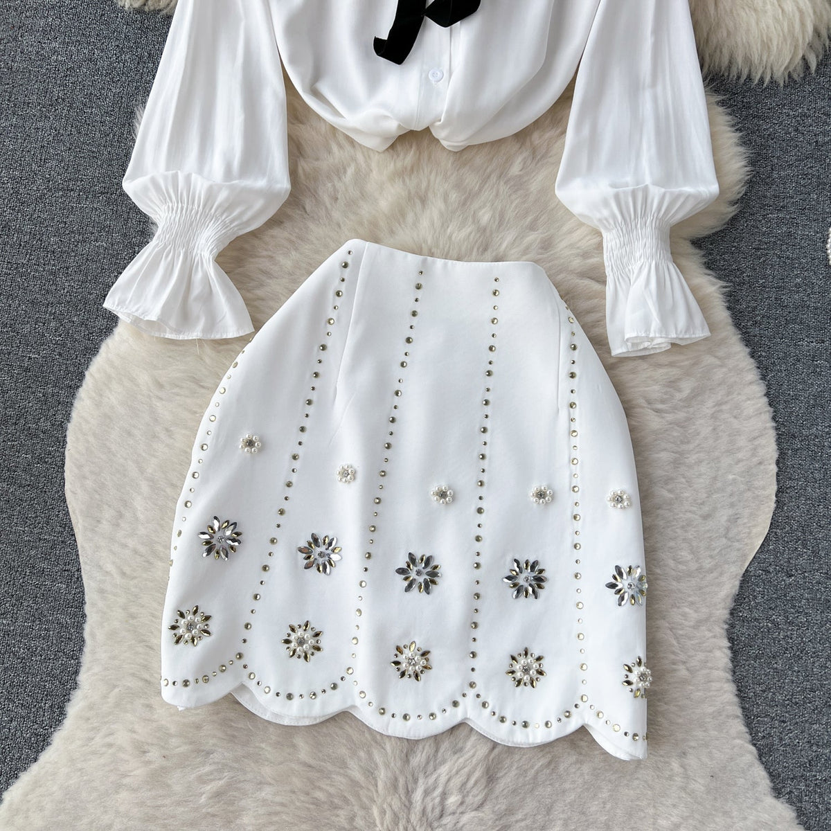 Bow-tie Shirt&Beaded Skirt 2Pcs