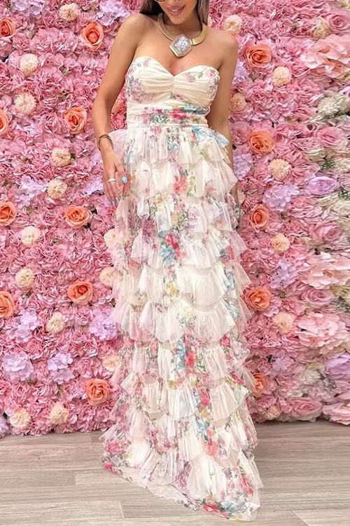 Strapless Floral Print Ruffle Layered Maxi Dress
