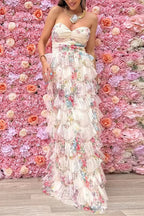 Strapless Floral Print Ruffle Layered Maxi Dress