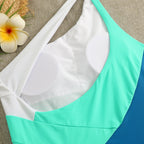 Color Blocking Pleated One-shoulder Onepiece