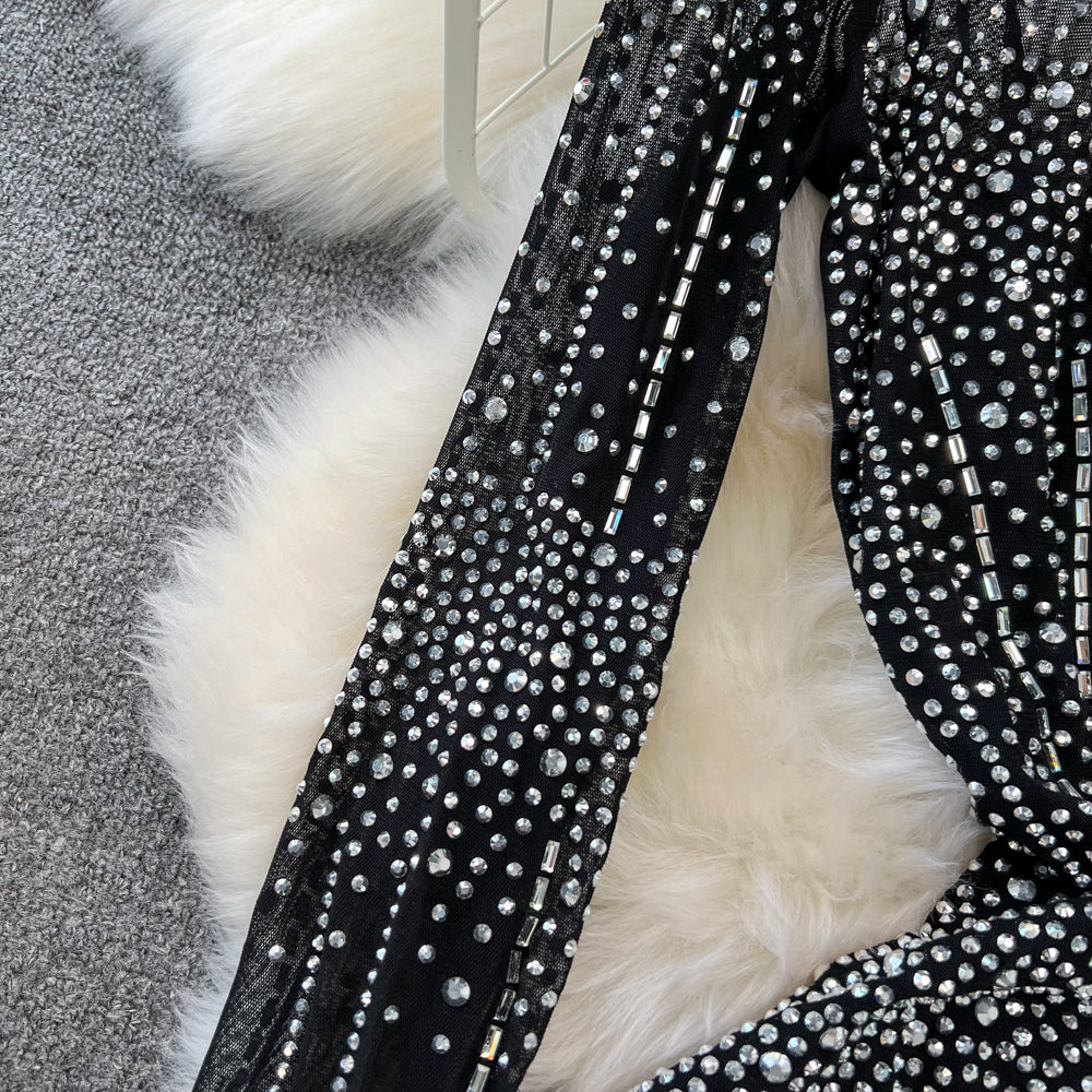 Crew Neck Rhinestone Studded Mesh Dress