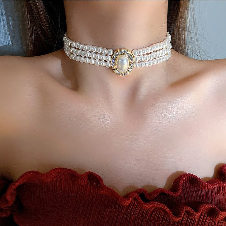 Multi-layer Pearl Rhinestone Choker Necklace