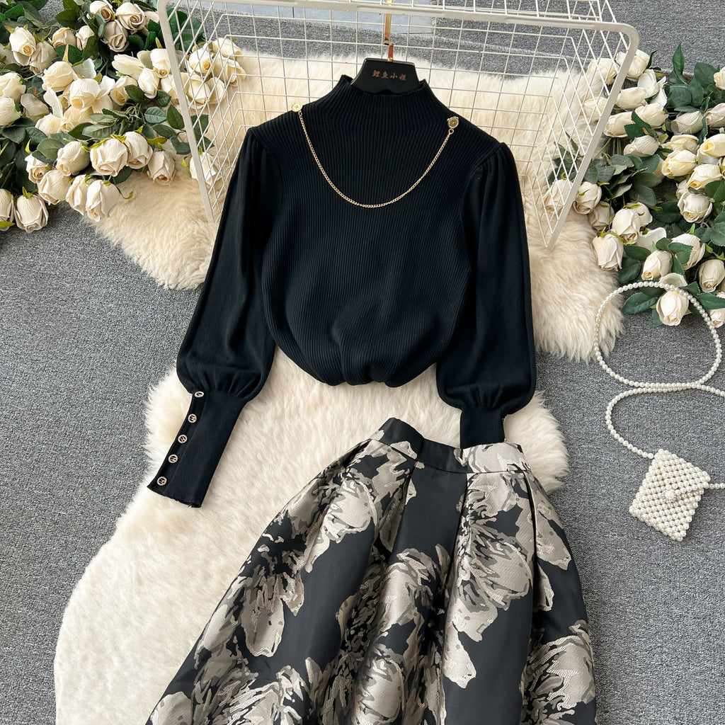 Turtleneck Sweater&Jacquard Skirt 2Pcs