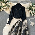 Turtleneck Sweater&Jacquard Skirt 2Pcs