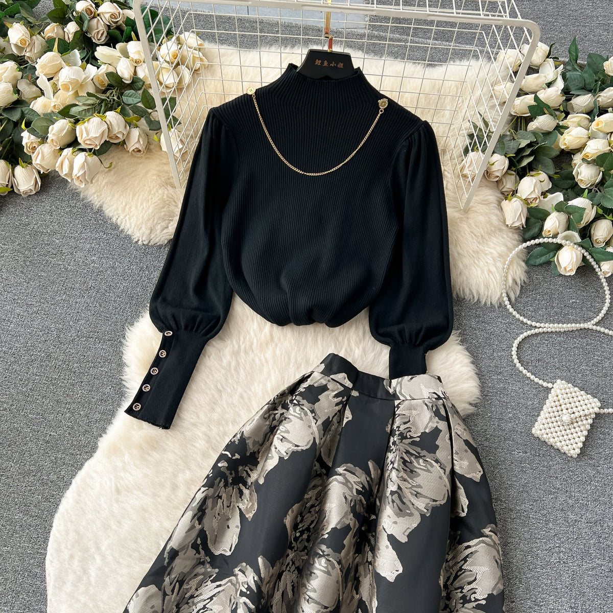 Turtleneck Sweater&Jacquard Skirt 2Pcs