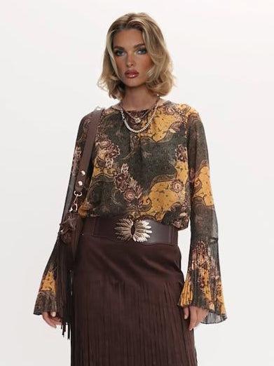 Retro Paisley Print Bell-sleeve Shirt