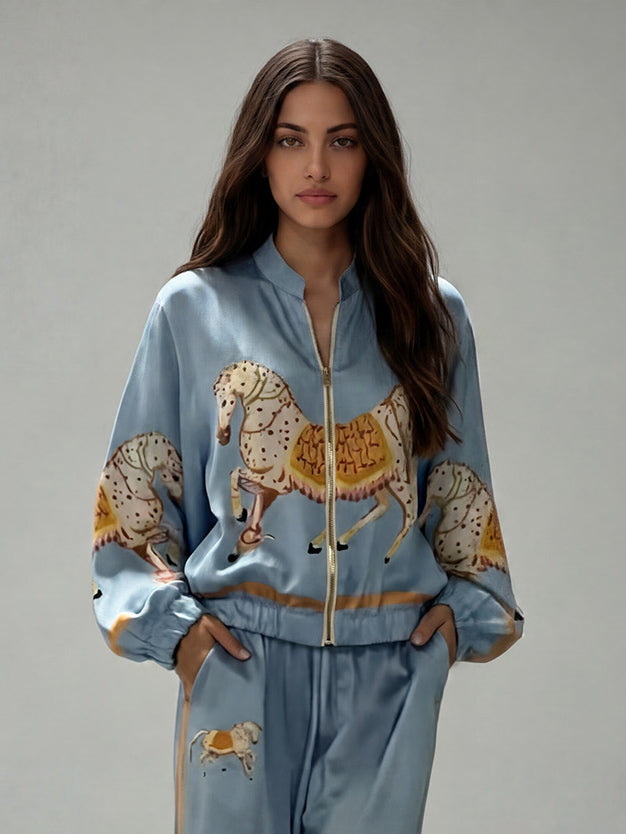 Exquisite Satin Horse Print Zip Jacket & Wide-Leg Pants Two-Piece Set