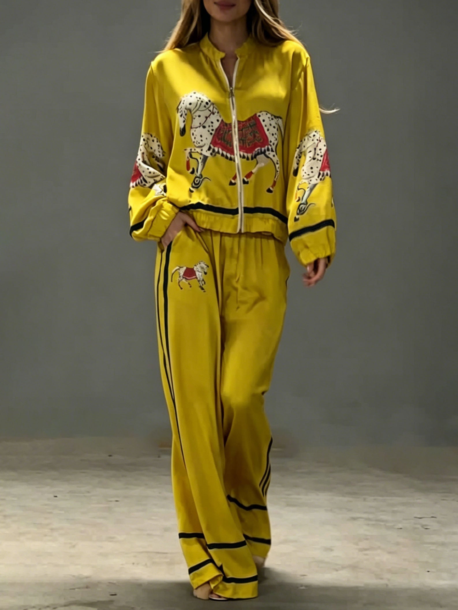 Exquisite Satin Horse Print Zip Jacket & Wide-Leg Pants Two-Piece Set