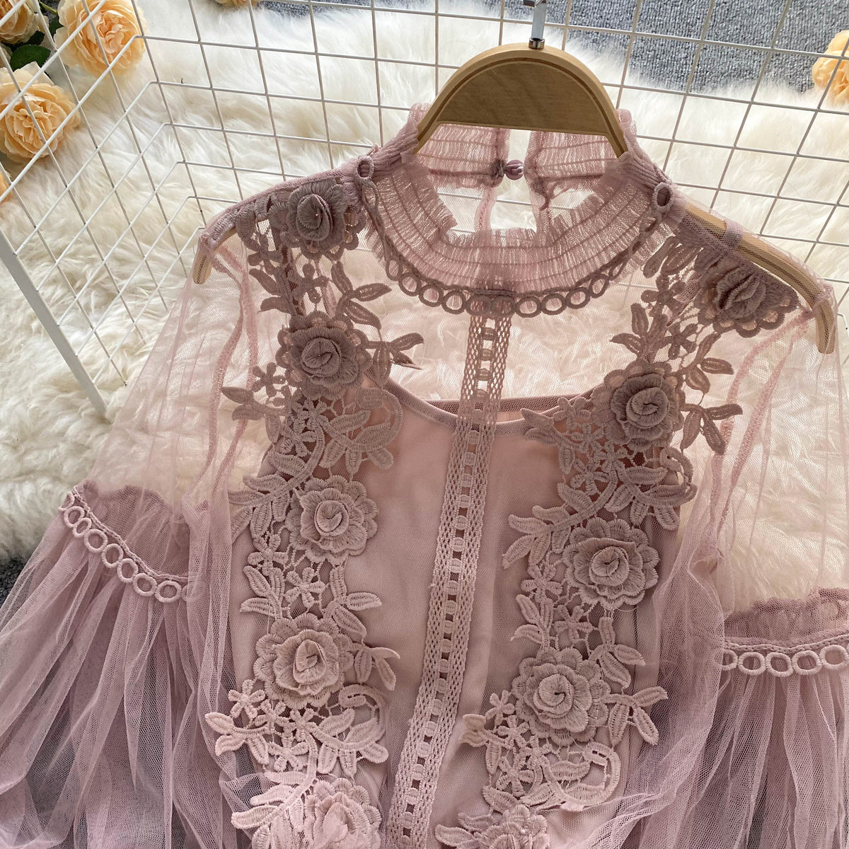 Mesh Lantern Sleeve Lace Embroidered Shirt