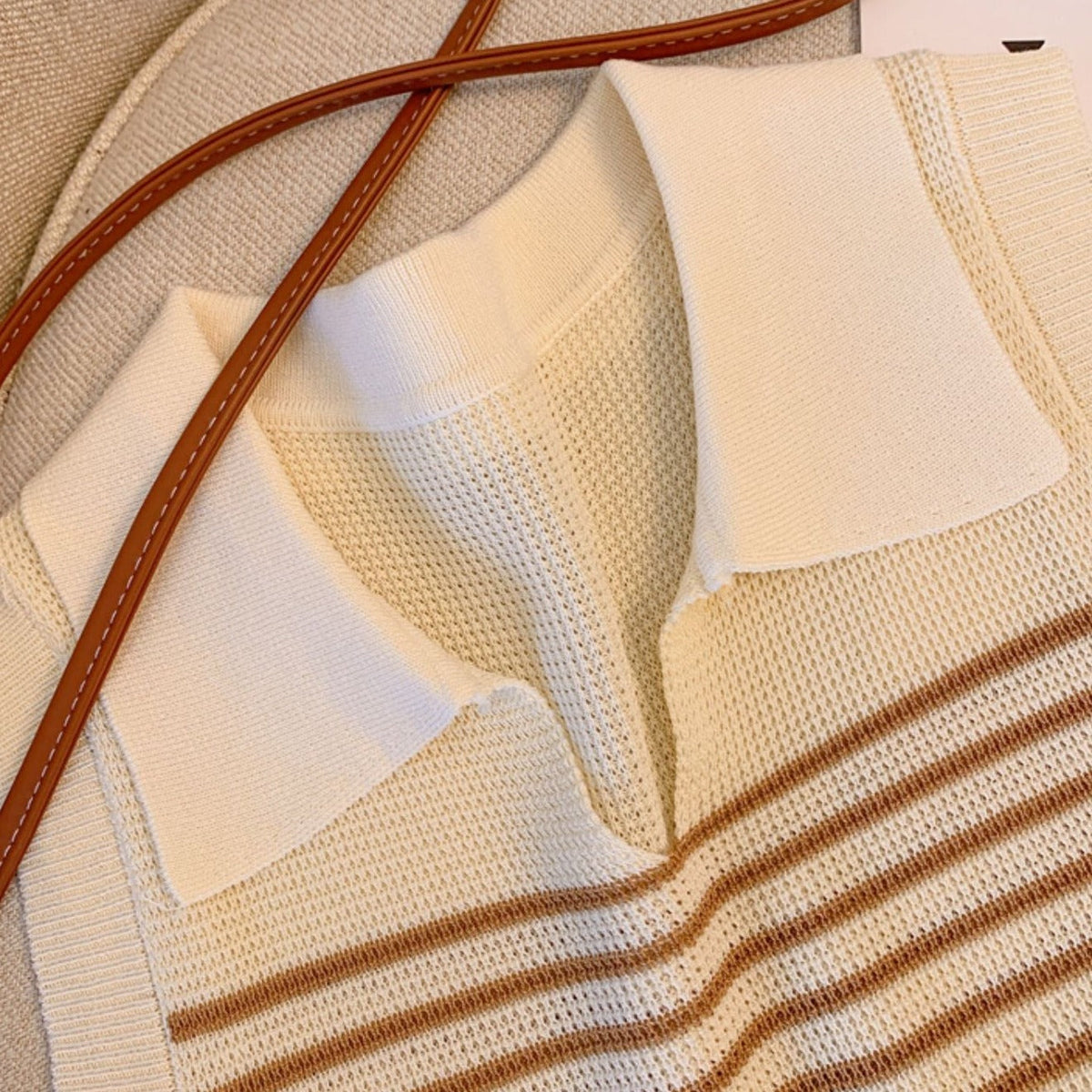 Lapeled Color-blocked Striped Knitted Top