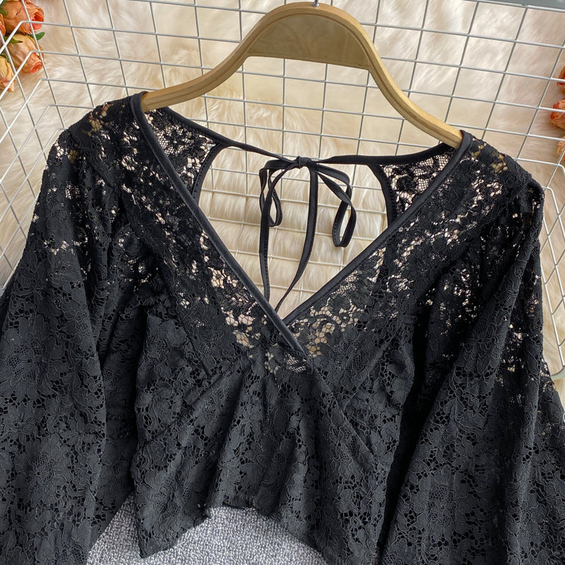 V-neck Open-back Cutout Crochet Lace Shirt
