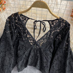 V-neck Open-back Cutout Crochet Lace Shirt