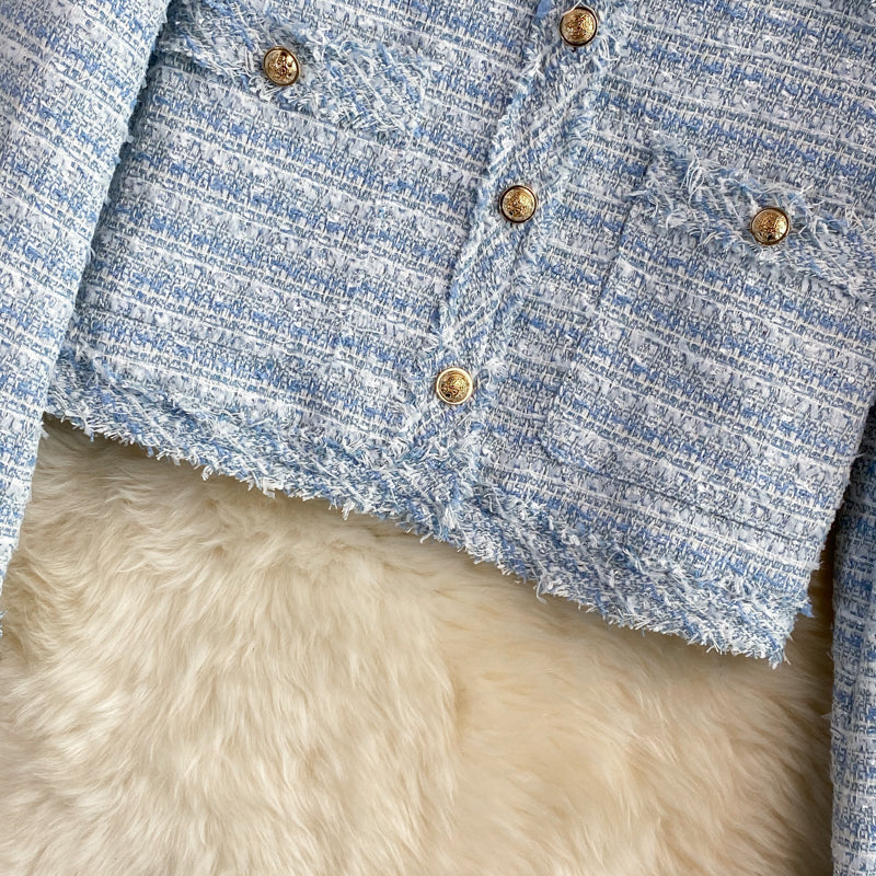 French Vintage Round Neck Braided Tweed Jacket
