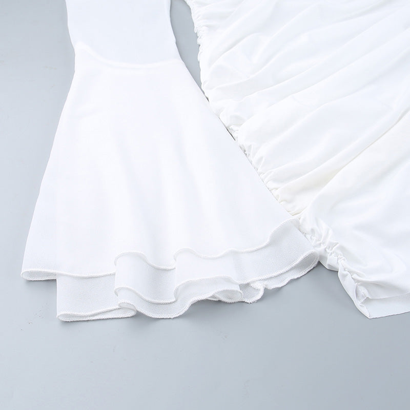 Deep V-neck Pleated White Dress