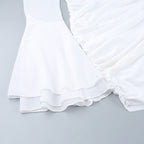 Deep V-neck Pleated White Dress