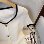 Metal Button Heart Neckline Cardigan