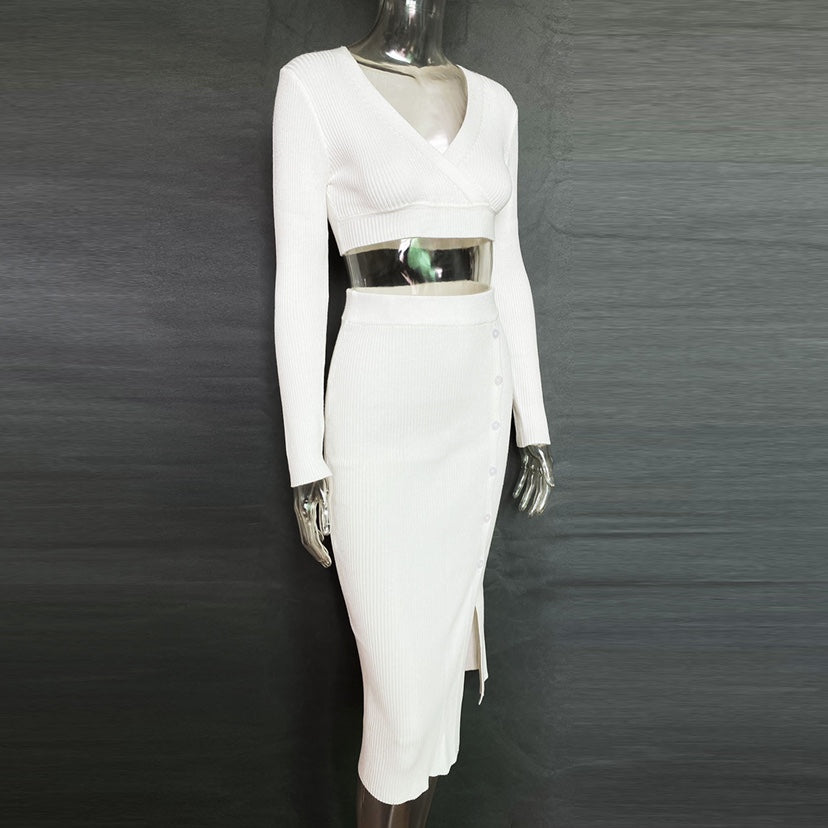 V-neck Sweaters&Split Skirt Knitted 2Pcs