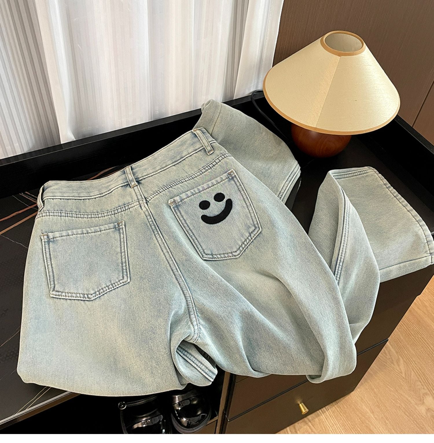 Smiley Embroidered Padded Jeans