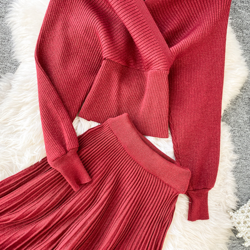 Two-piece Bright Silk Knitted Sweater + Skirt