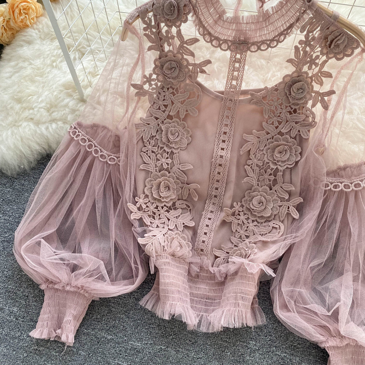 Mesh Lantern Sleeve Lace Embroidered Shirt