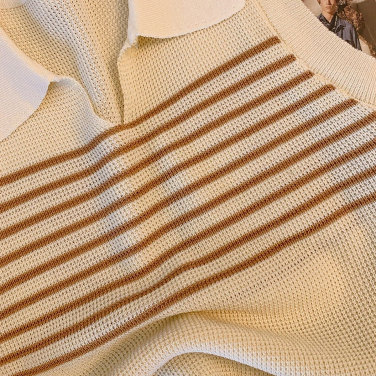 Lapeled Color-blocked Striped Knitted Top
