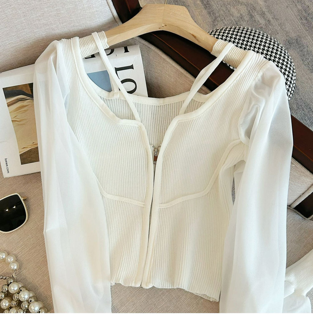 Patchwork Hooded Halter Zipped Top