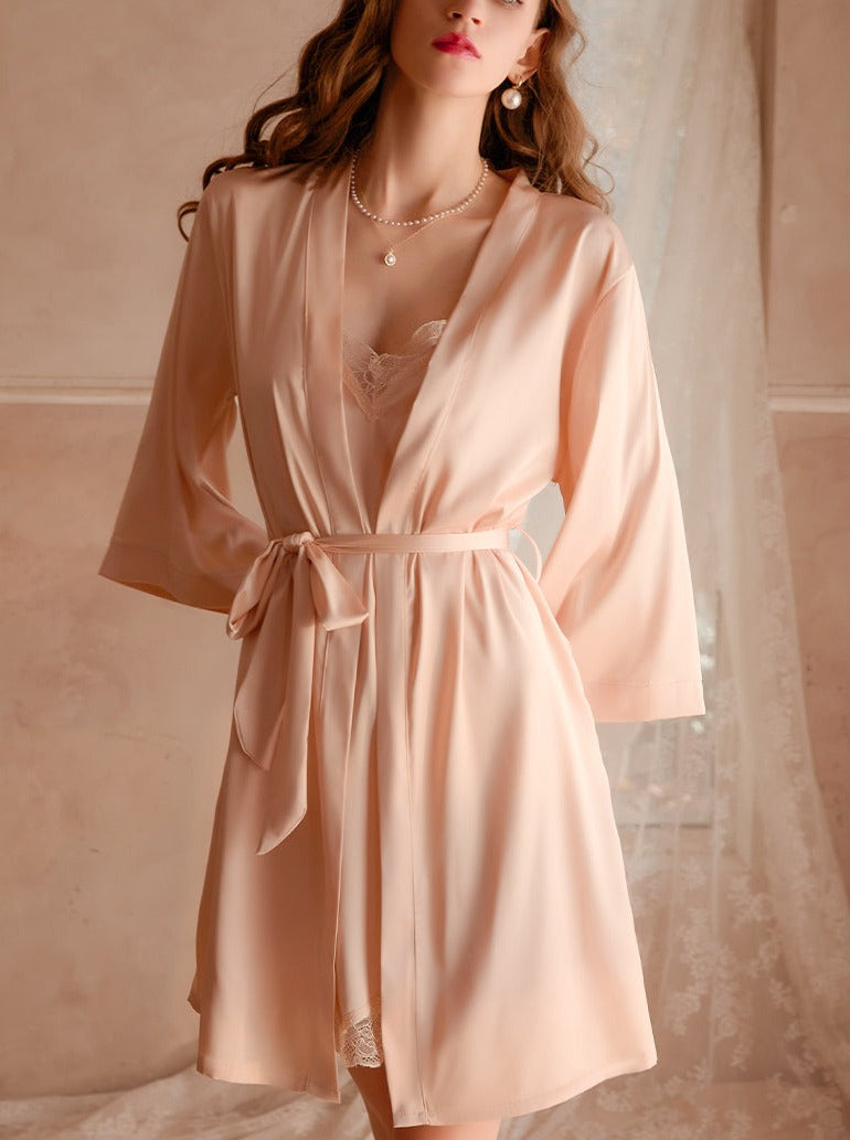 Lace Trim Slip Dress&Robe Satin 2Pcs