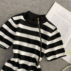 Color Blocking Striped Slant Zipped Top